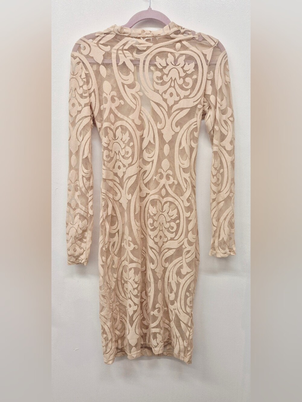 A3 Design Velvet Sheer Damask Mesh Bodycon Dress Beige Long Sleeve Mini